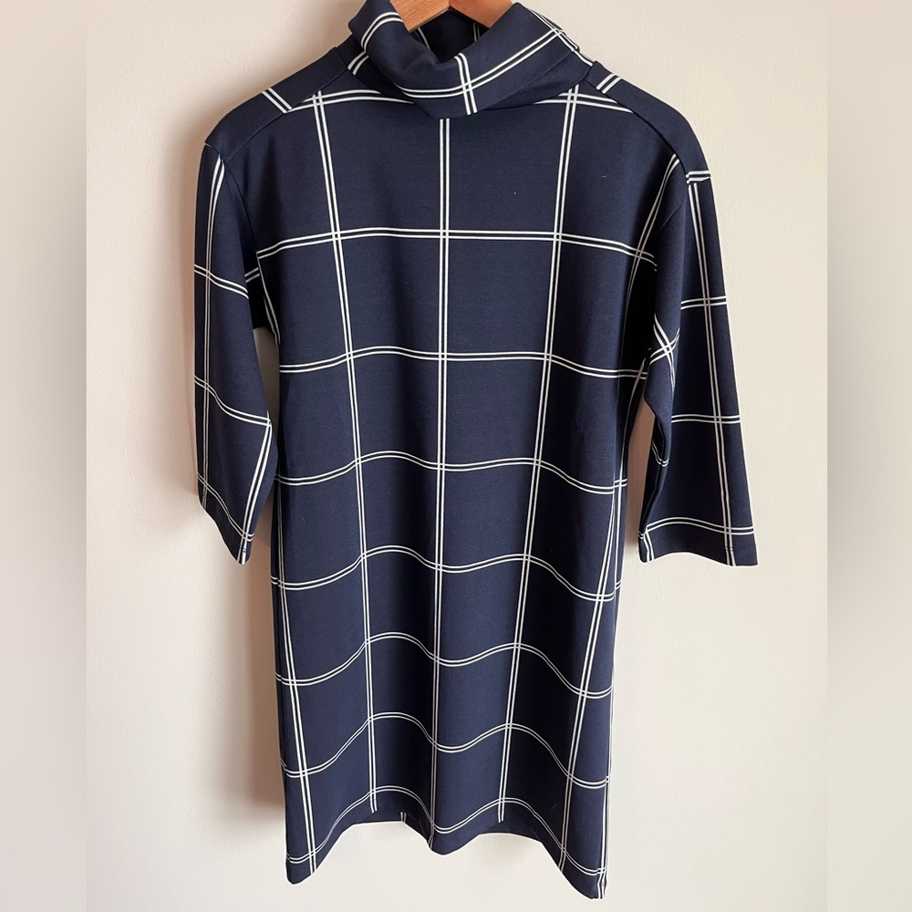 LOFT NWT Women's Ponte Knit Dress Windowpane Pattern Navy and White XS Winter